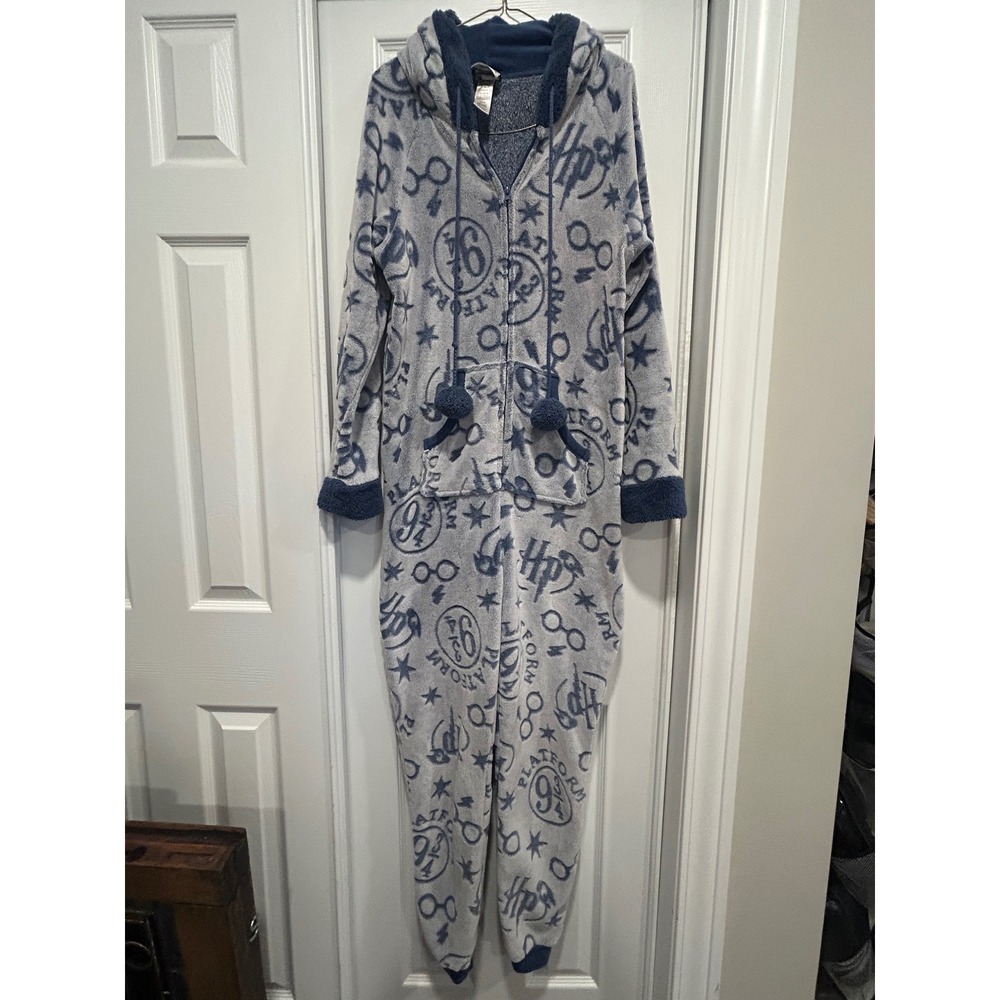 Harry Potter Hogwarts Fleece Union Suit Pajamas Blue Grey Medium One Piece Zip - Picture 1 of 5